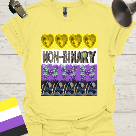 Unisex T-Shirt Non-Binary Abstract Pride Flag, Crystal Butterfly, Heart