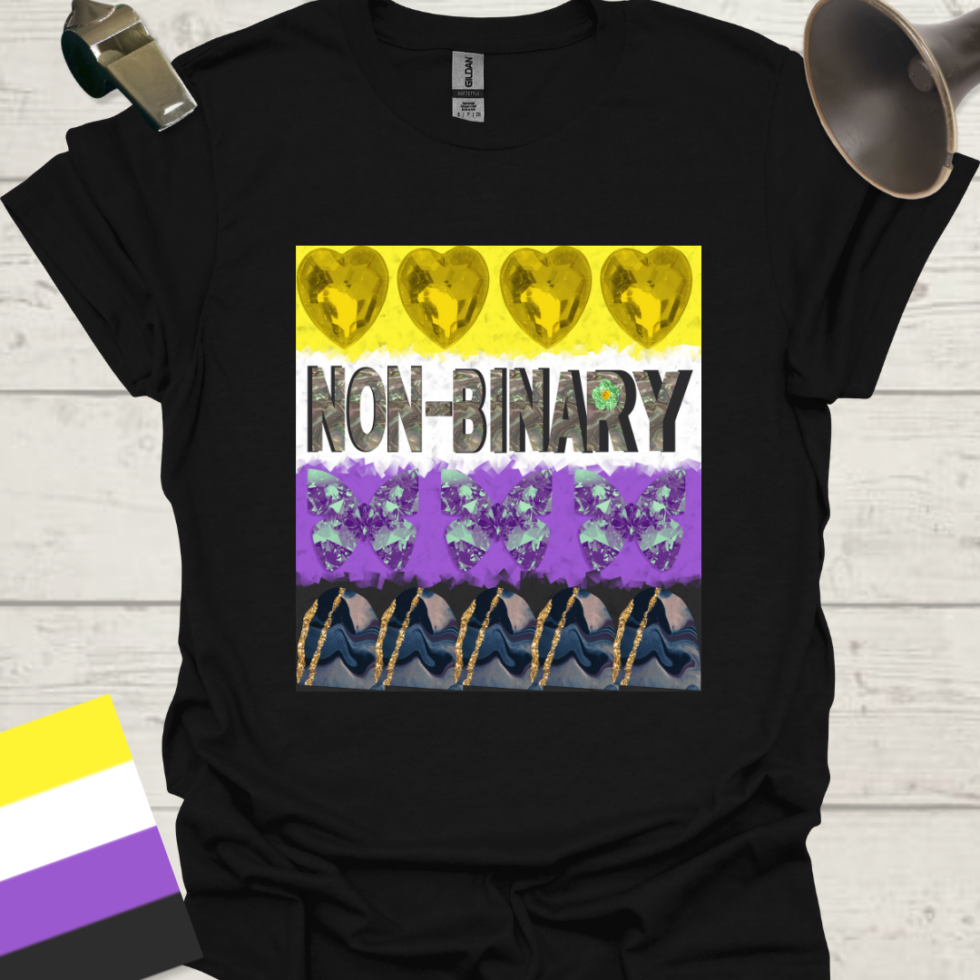 Unisex T-Shirt Non-Binary Abstract Pride Flag, Crystal Butterfly, Heart