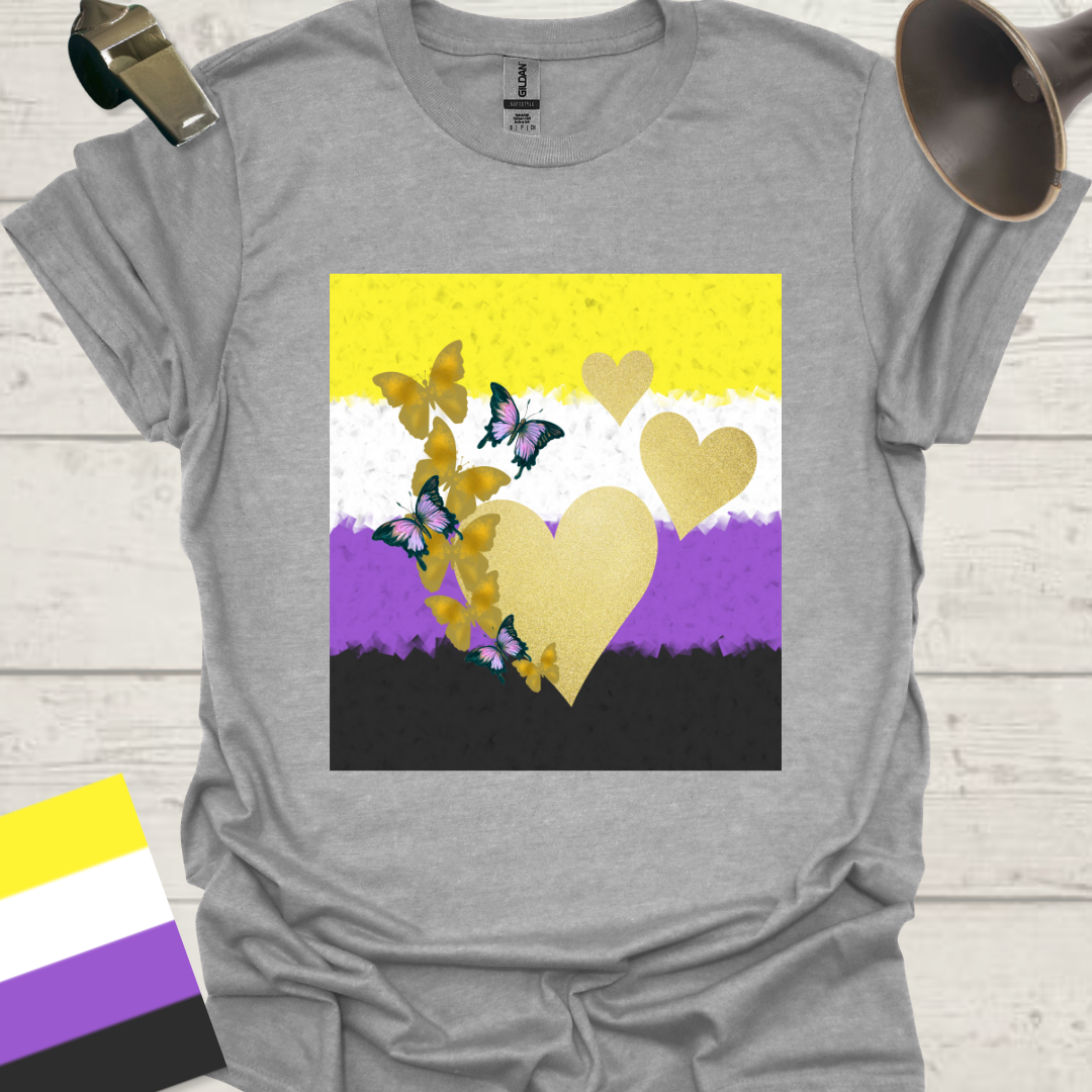 Unisex T-Shirt Golden Hearts and Butterflies Non-Binary Cubism Flag Design