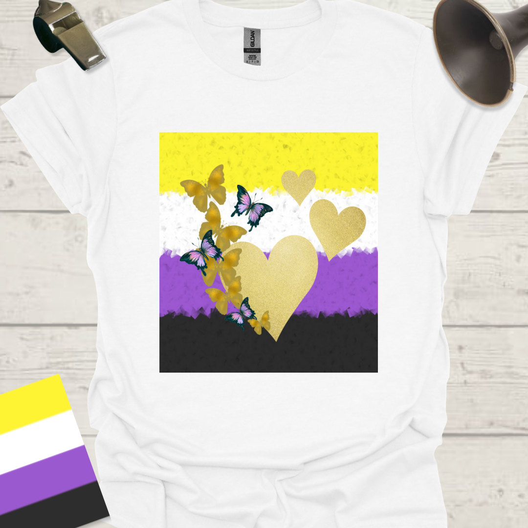 Unisex T-Shirt Golden Hearts and Butterflies Non-Binary Cubism Flag Design
