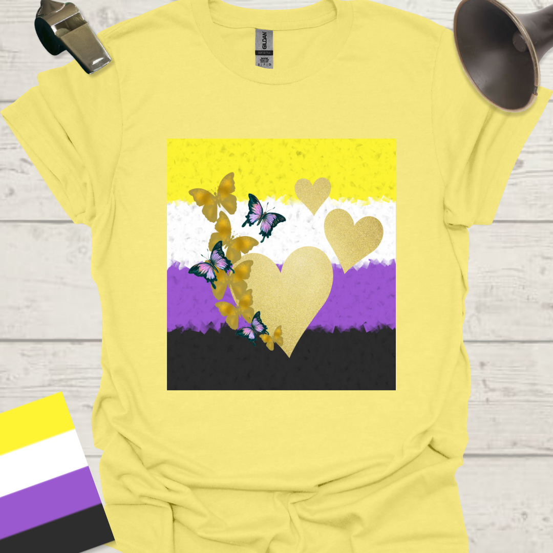 Unisex T-Shirt Golden Hearts and Butterflies Non-Binary Cubism Flag Design