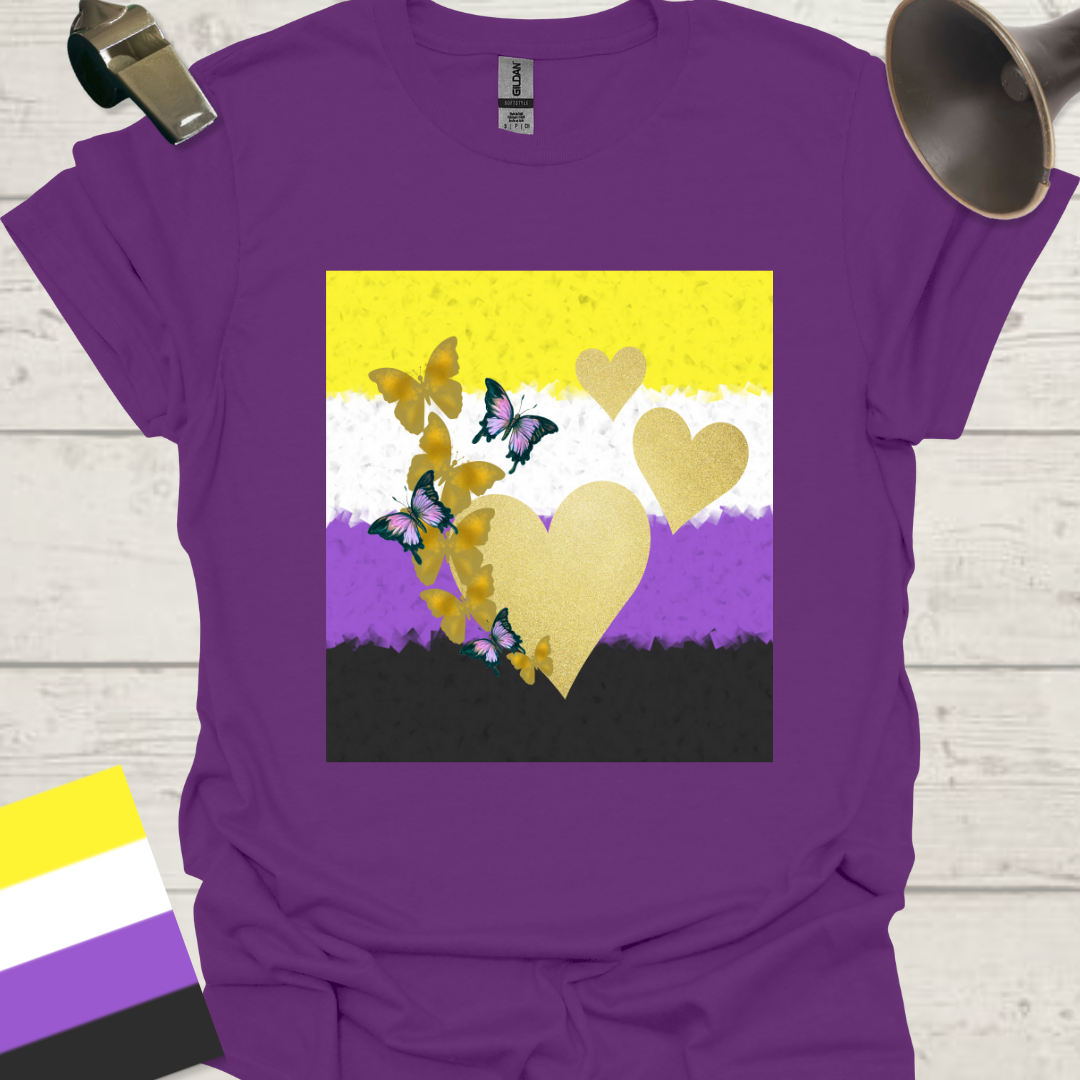 Unisex T-Shirt Golden Hearts and Butterflies Non-Binary Cubism Flag Design