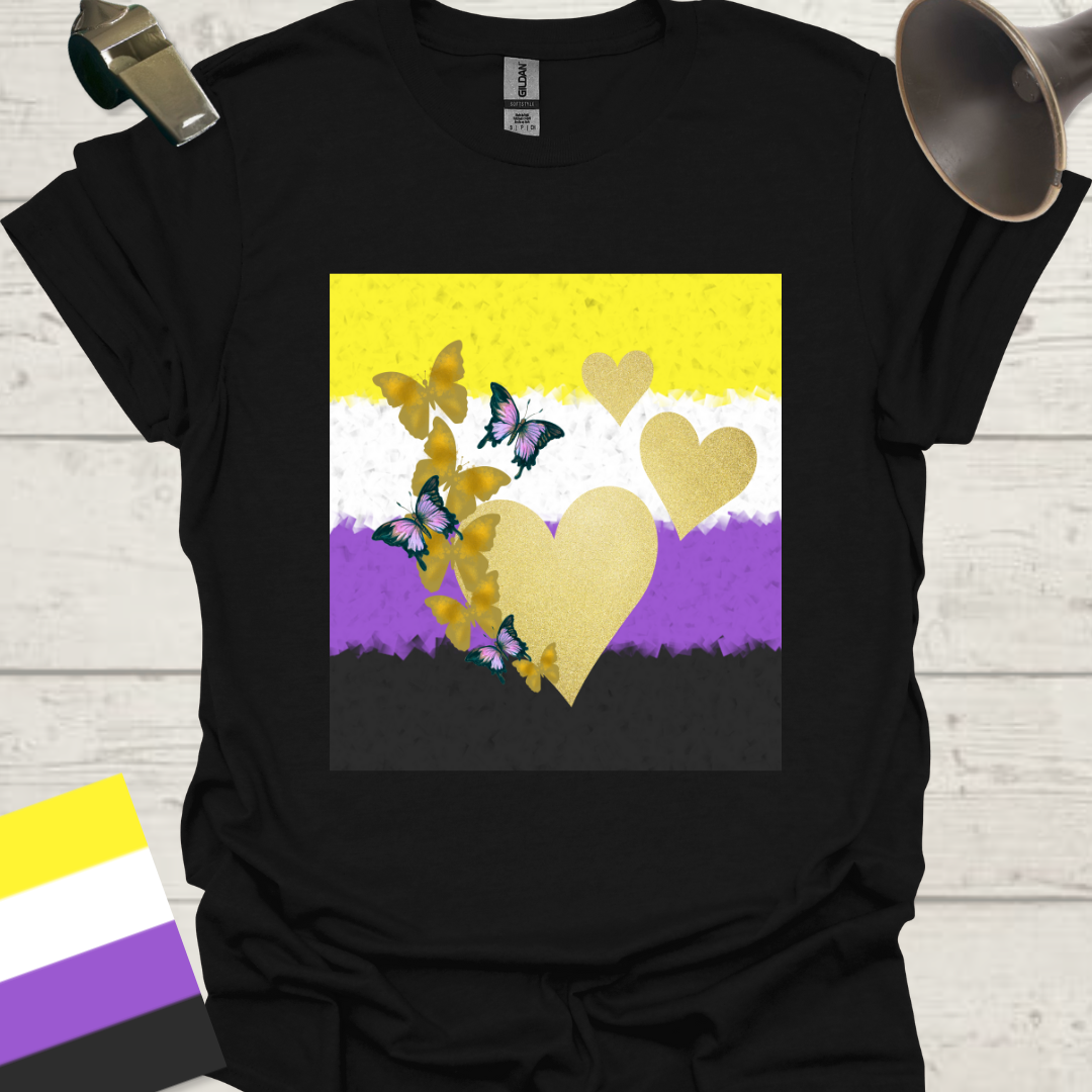 Unisex T-Shirt Golden Hearts and Butterflies Non-Binary Cubism Flag Design