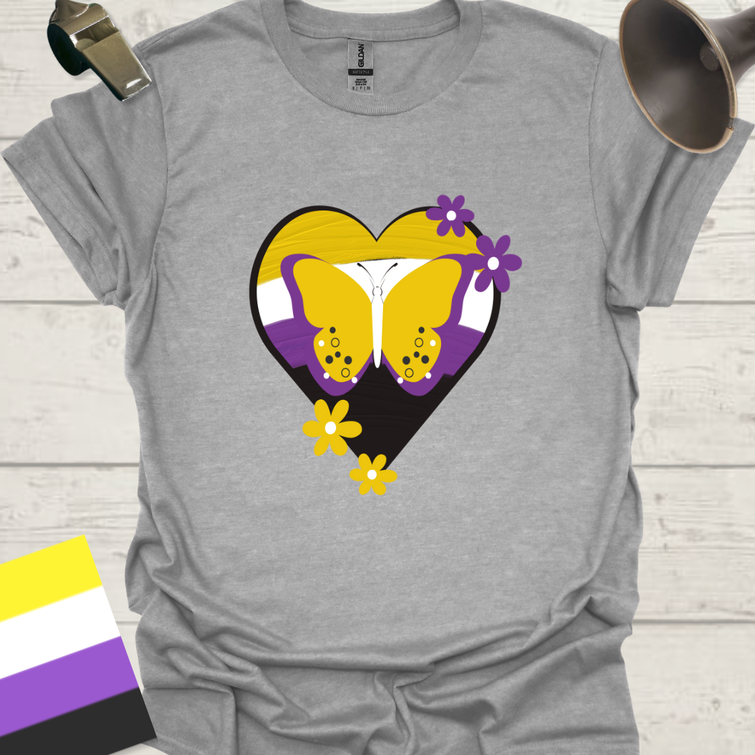 Nonbinary Pride T-Shirt Heart Butterfly, Flowers Design