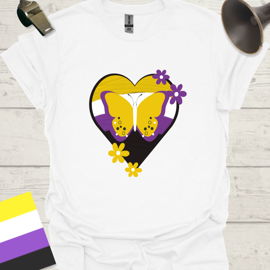 Nonbinary Pride T-Shirt Heart Butterfly, Flowers Design