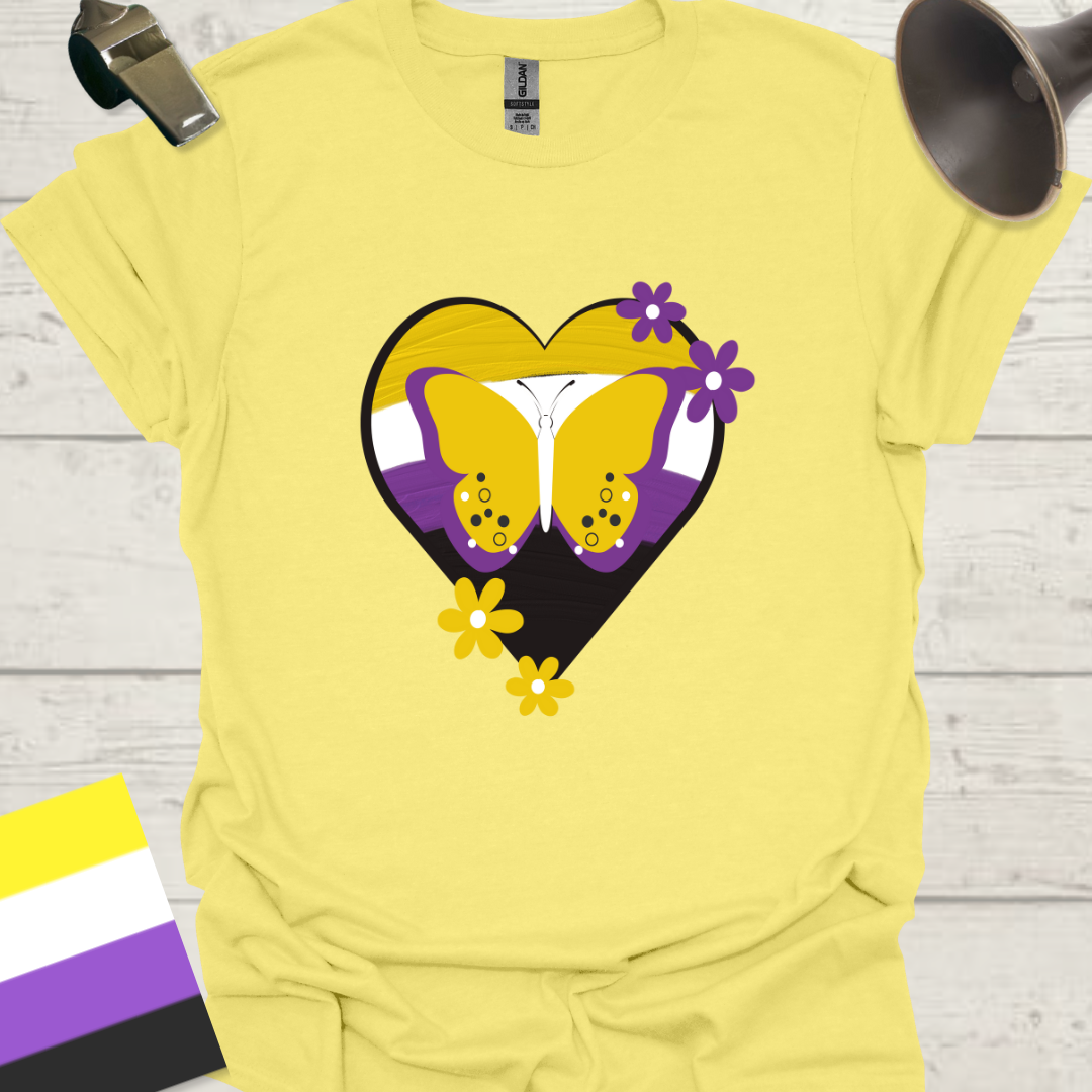 Nonbinary Pride T-Shirt Heart Butterfly, Flowers Design