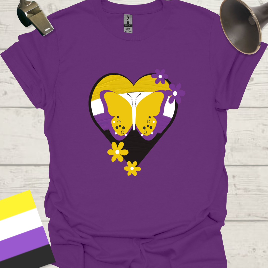 Nonbinary Pride T-Shirt Heart Butterfly, Flowers Design