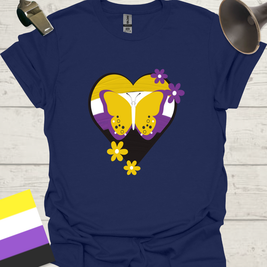 Nonbinary Pride T-Shirt Heart Butterfly, Flowers Design
