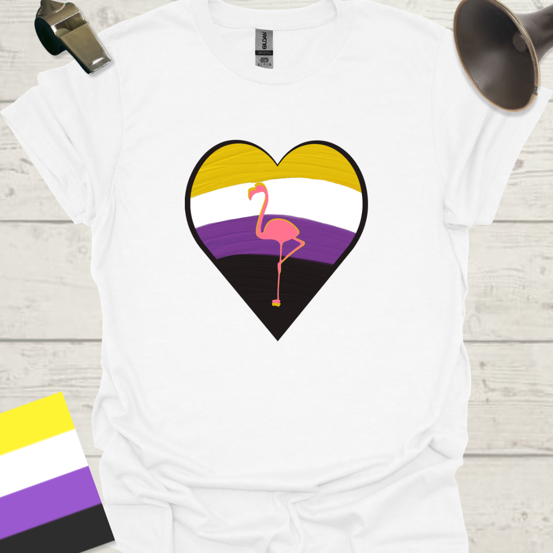 Nonbinary Pride T-Shirt Heart Pink Flamingo Design