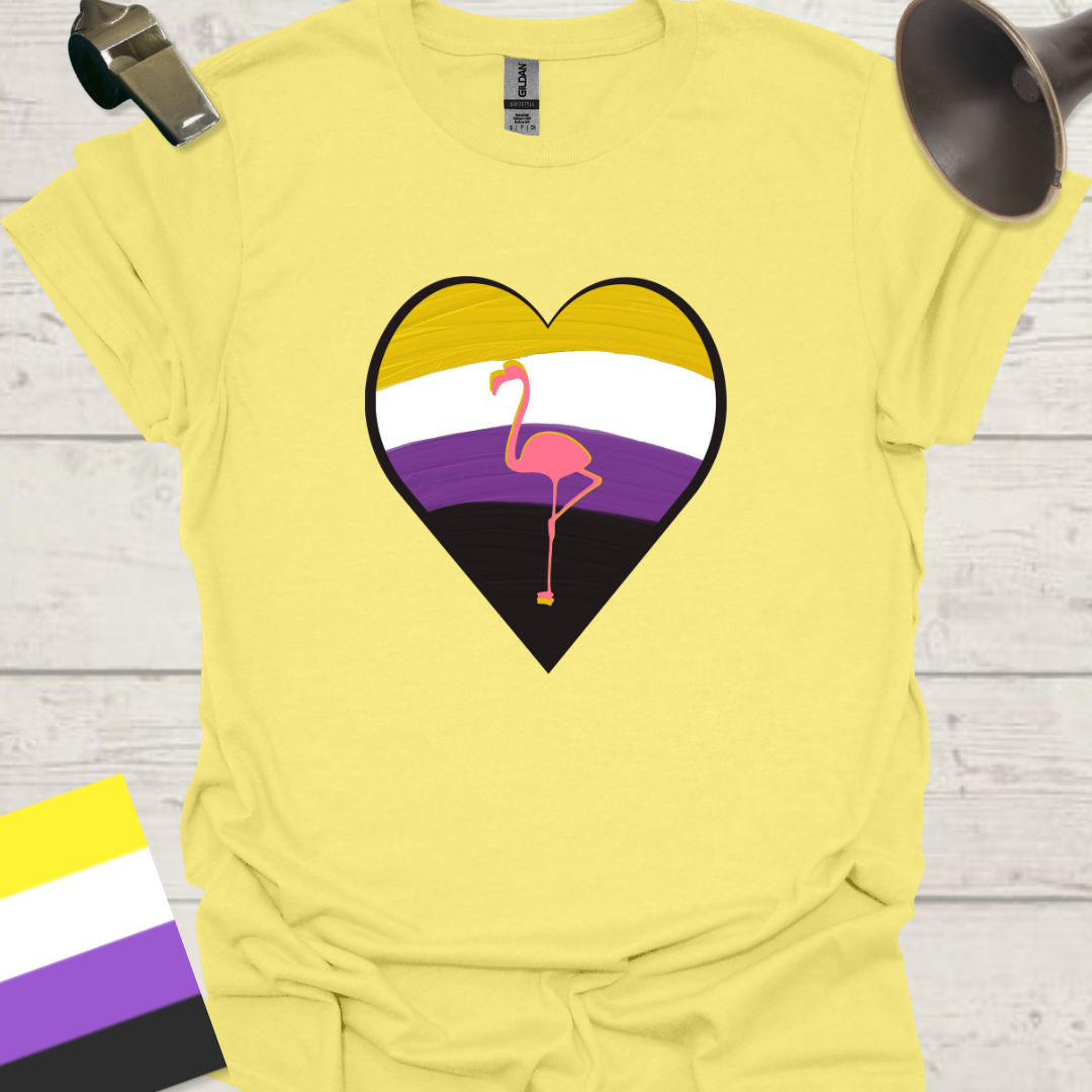 Nonbinary Pride T-Shirt Heart Pink Flamingo Design