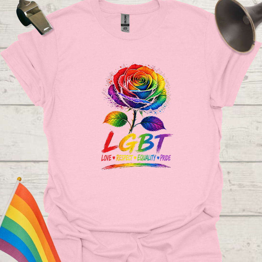 Pride Rose T-Shirt — Rainbow Flag Love, Respect & Equality