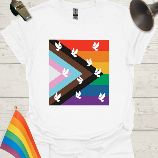 Progress Pride Flag T-Shirt with Doves Pattern