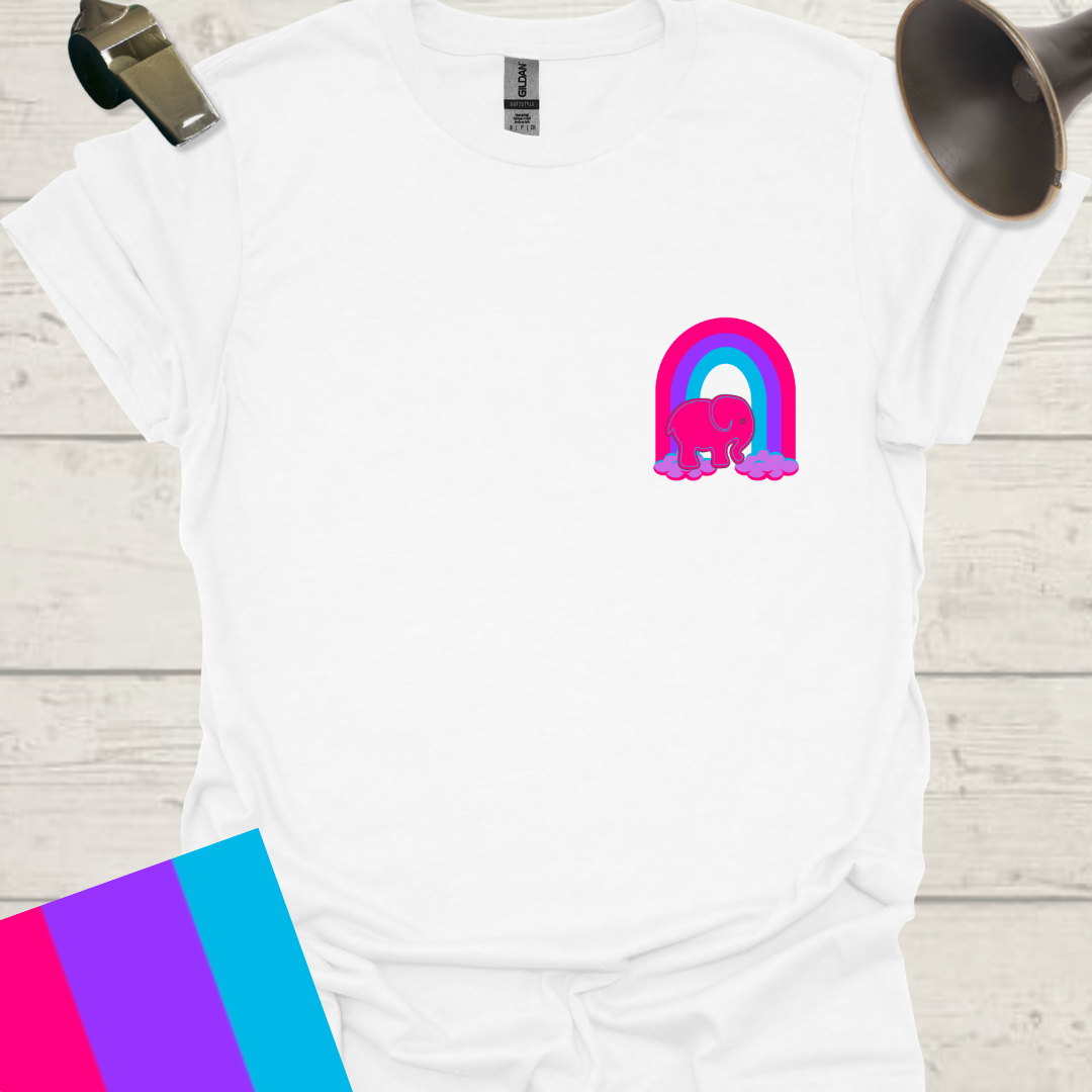 Unisex Pride Flag T-Shirt - Androgyne Pink Elephant on a Rainbow