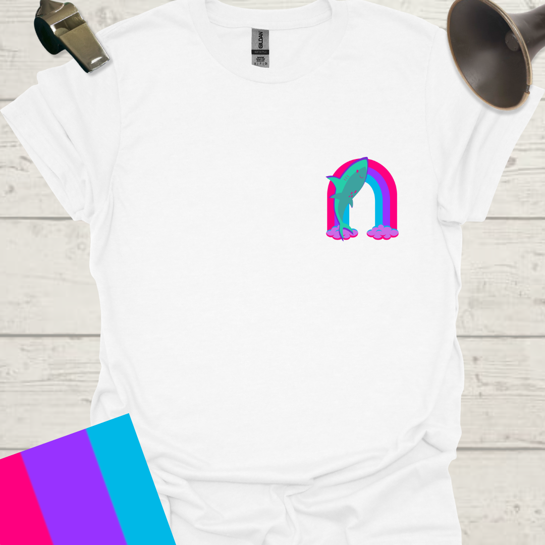 Unisex Pride Flag T-Shirt - Androgyne Shark on a Rainbow