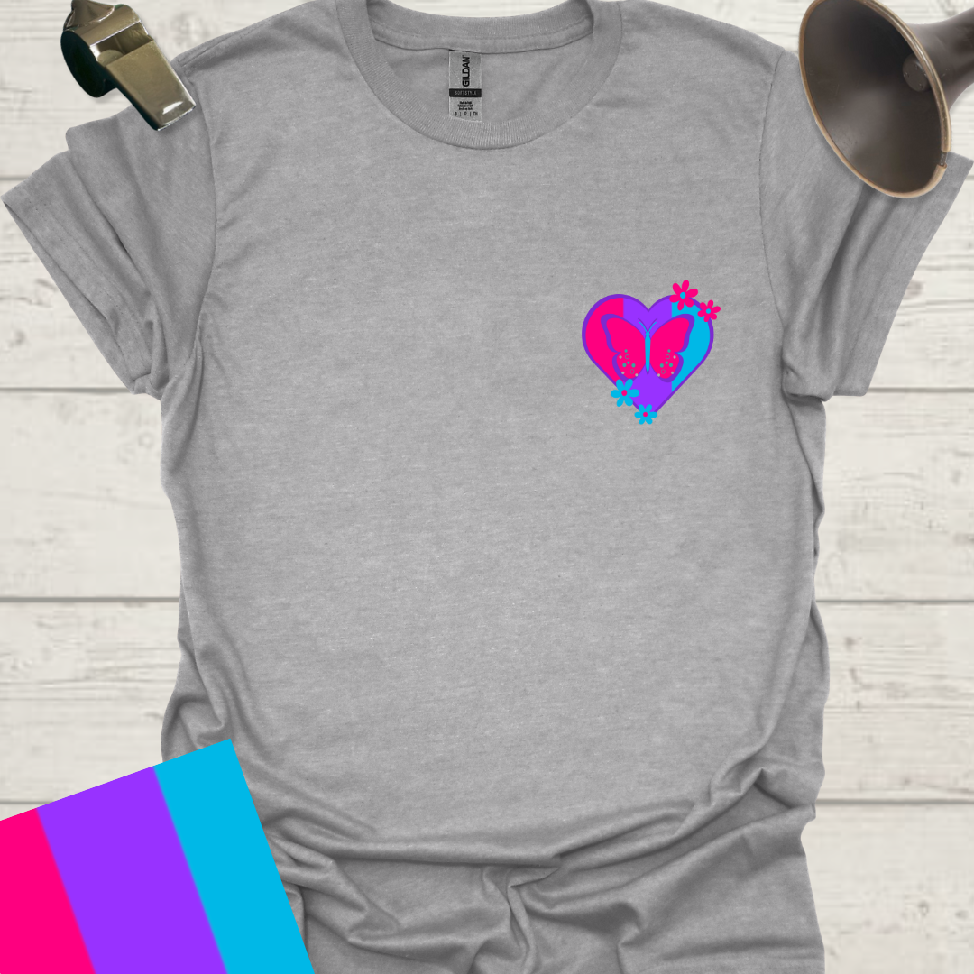 Unisex Pride Flag T-Shirt - Androgyne Heart with Butterfly and Flowers