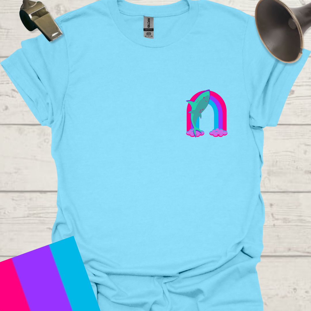 Unisex Pride Flag T-Shirt - Androgyne Shark on a Rainbow