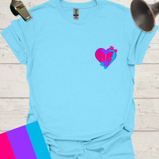 Unisex Pride Flag T-Shirt - Androgyne Heart with Butterfly and Flowers