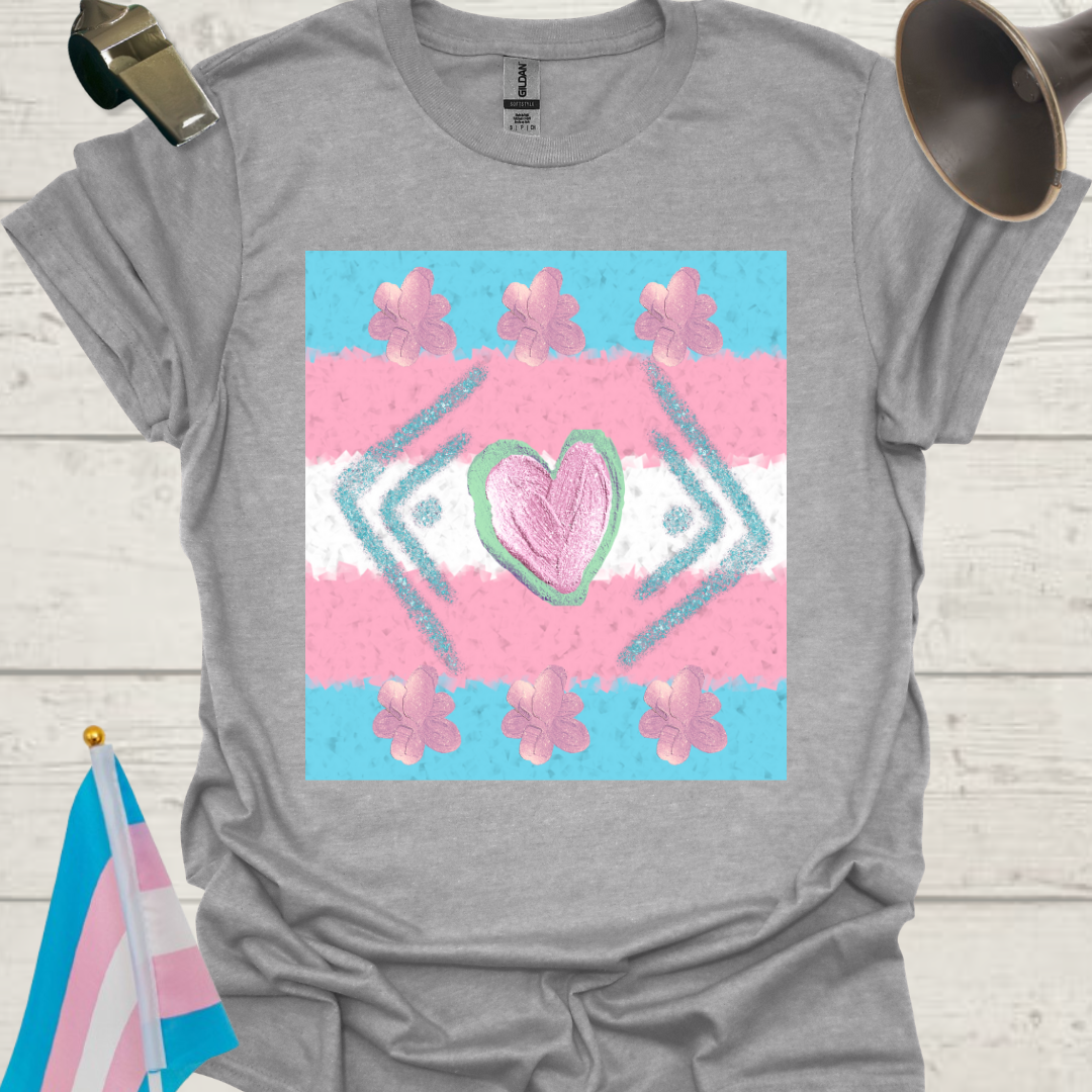 Transgender Pride T-Shirt, Cubism Blue-Pink Glitter Heart, Floral Pattern Unisex Softstyle