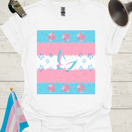 Transgender Pride T-Shirt, Cubism Butterfly, Blue Pink Glitter Flowers Unisex Softstyle