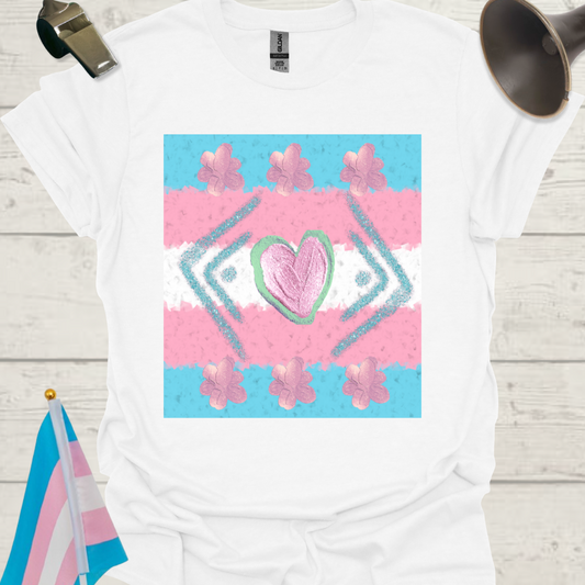 Transgender Pride T-Shirt, Cubism Blue-Pink Glitter Heart, Floral Pattern Unisex Softstyle