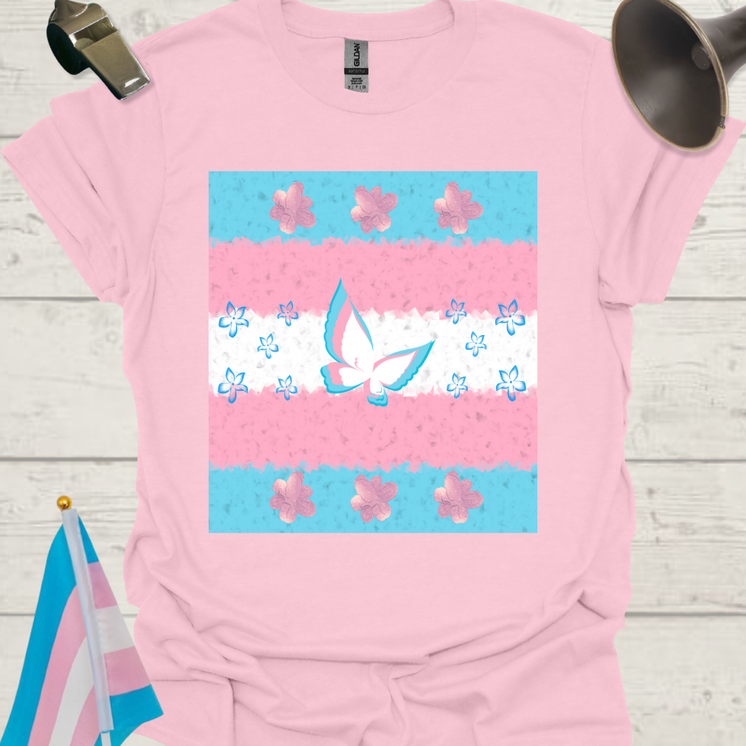 Transgender Pride T-Shirt, Cubism Butterfly, Blue Pink Glitter Flowers Unisex Softstyle