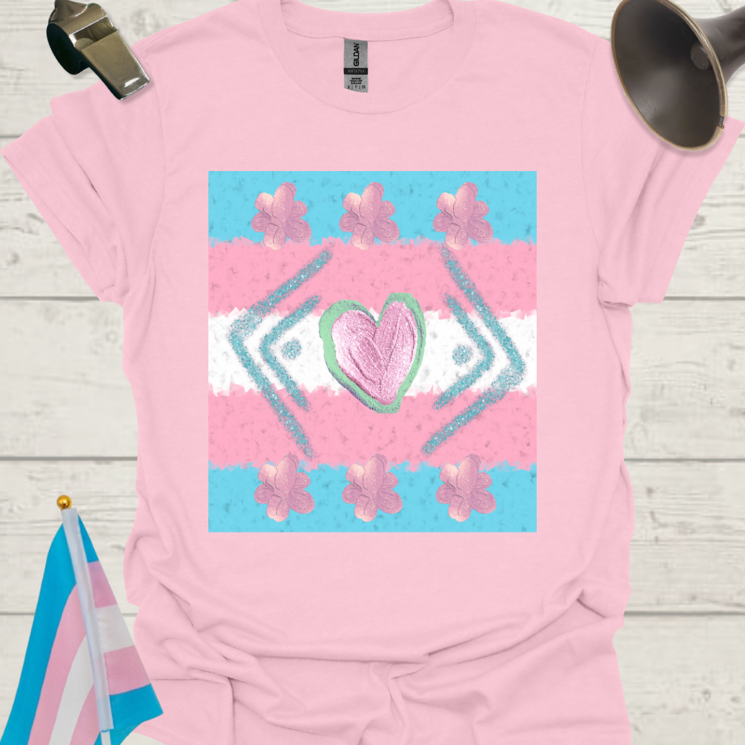 Transgender Pride T-Shirt, Cubism Blue-Pink Glitter Heart, Floral Pattern Unisex Softstyle
