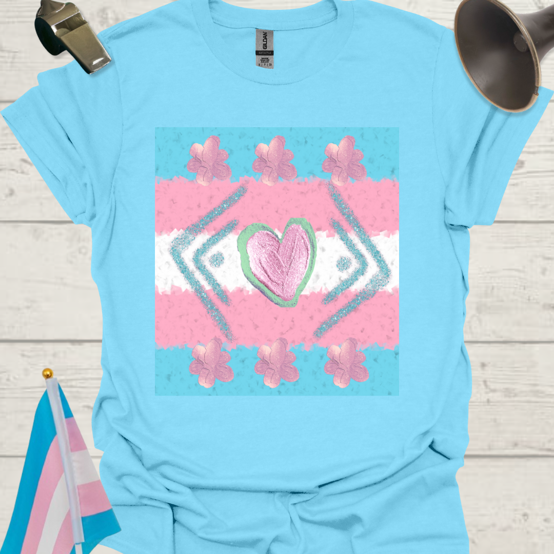 Transgender Pride T-Shirt, Cubism Blue-Pink Glitter Heart, Floral Pattern Unisex Softstyle