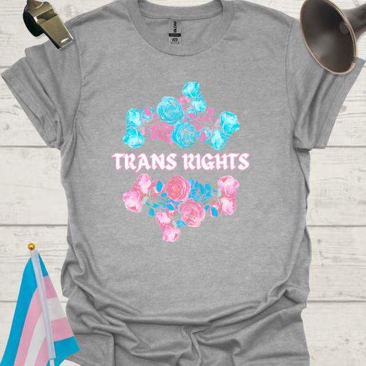 Unisex Blue-Pink Flowers T-Shirt White Trans Rights