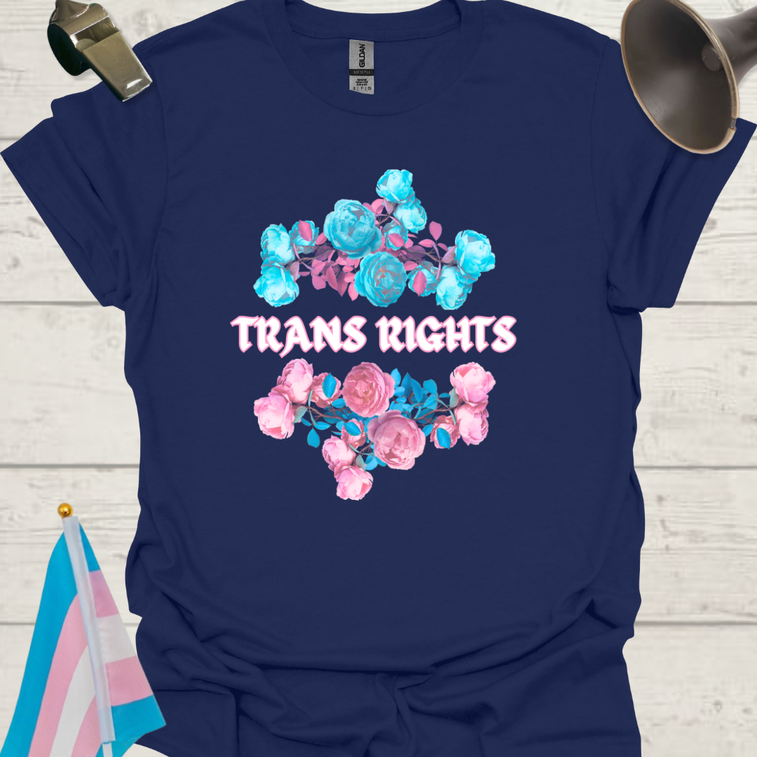 Unisex Blue-Pink Flowers T-Shirt White Trans Rights