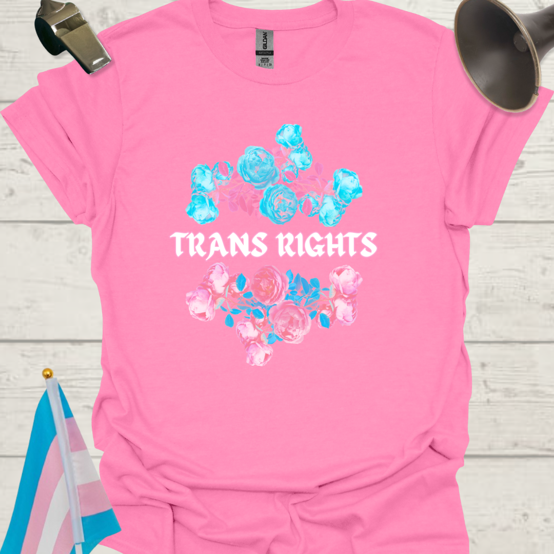 Unisex Blue-Pink Flowers T-Shirt White Trans Rights