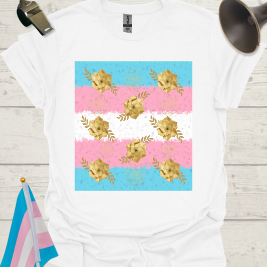 Transgender Pride T-Shirt, Cubism Gold Colored Roses Unisex Softstyle