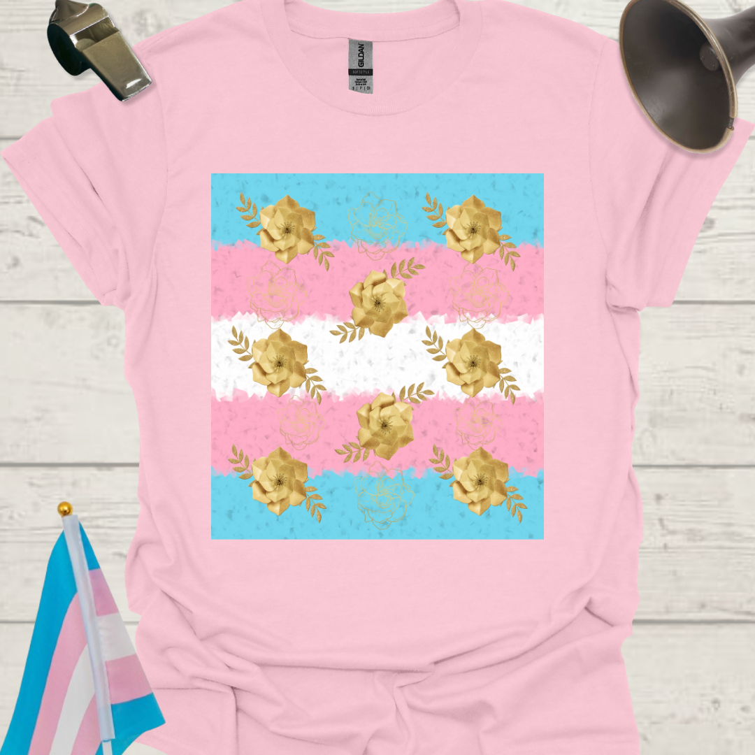 Transgender Pride T-Shirt, Cubism Gold Colored Roses Unisex Softstyle