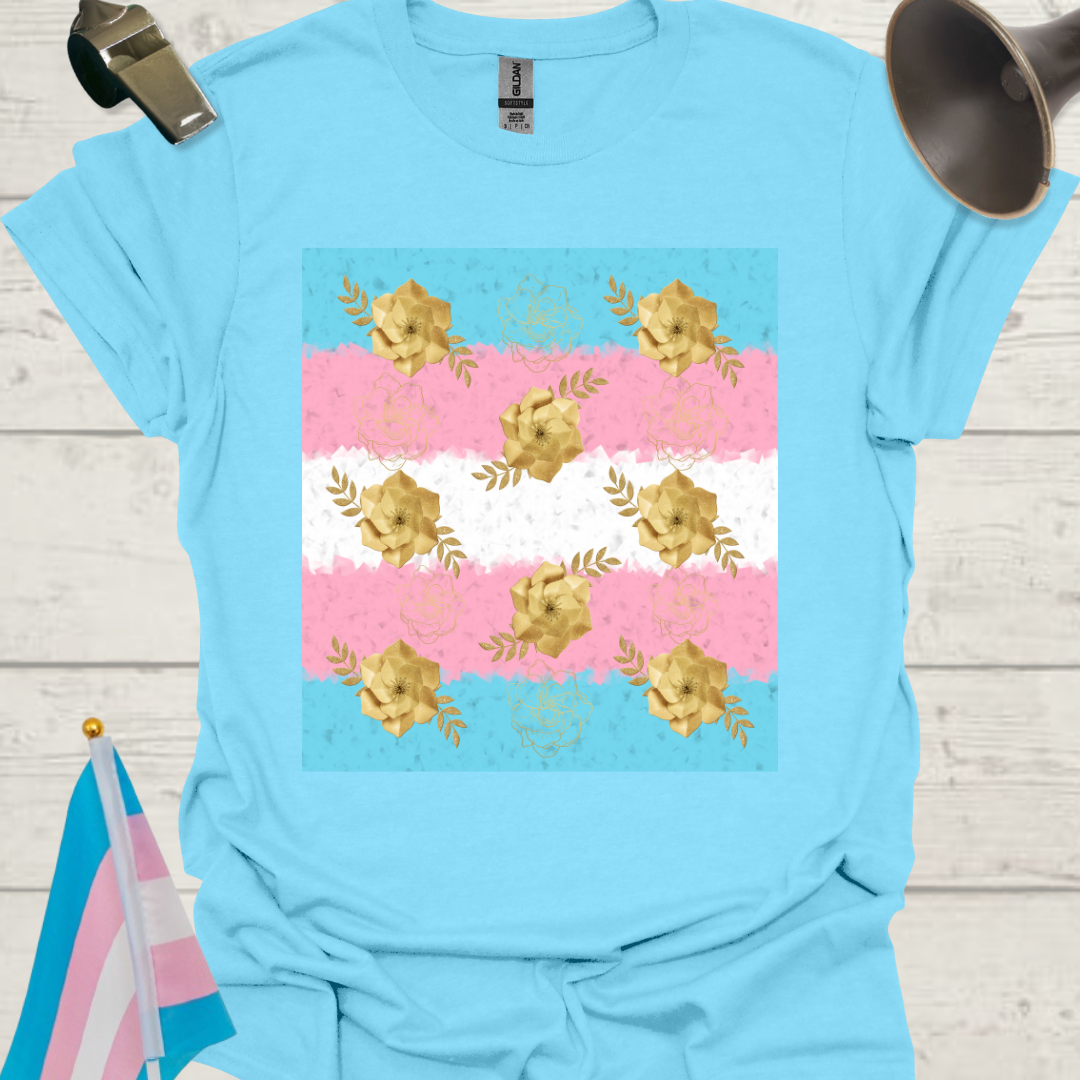 Transgender Pride T-Shirt, Cubism Gold Colored Roses Unisex Softstyle