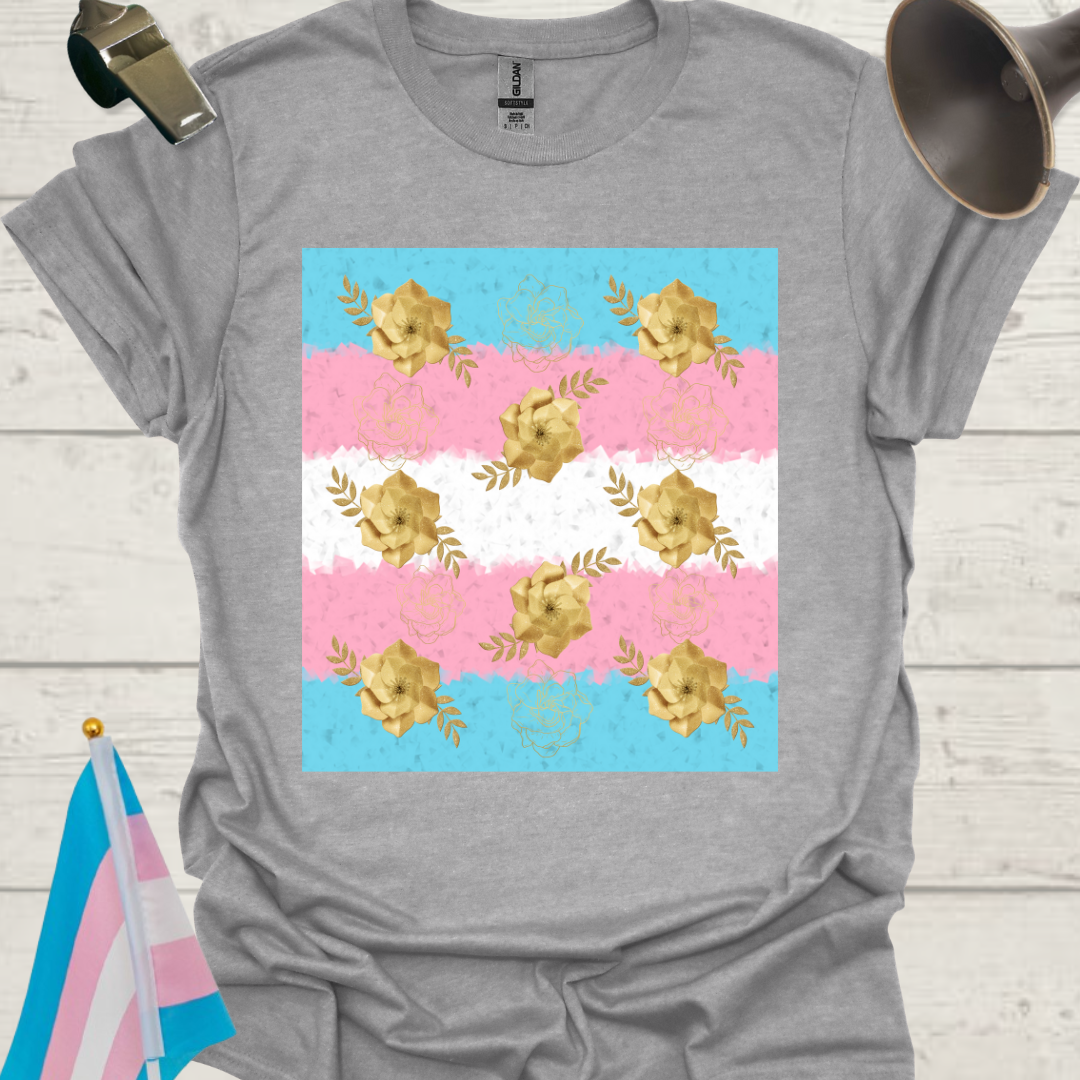 Transgender Pride T-Shirt, Cubism Gold Colored Roses Unisex Softstyle