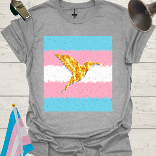 Transgender Pride T-Shirt, Cubism Gold Silver Hummingbird Unisex Softstyle