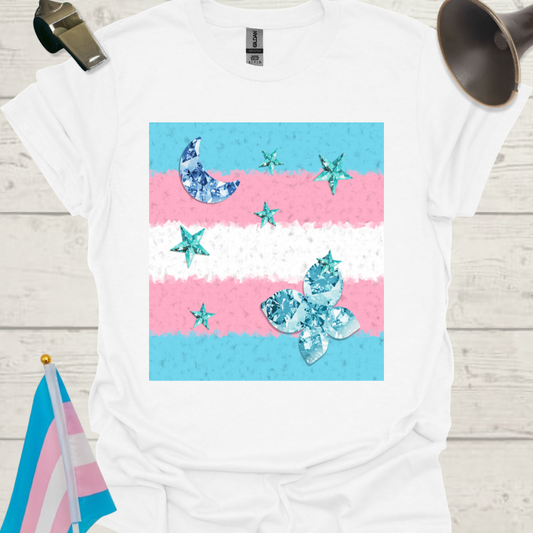 Transgender Pride T-Shirt, Cubism Blue Gem Moon, Stars, Butterfly Unisex Softstyle