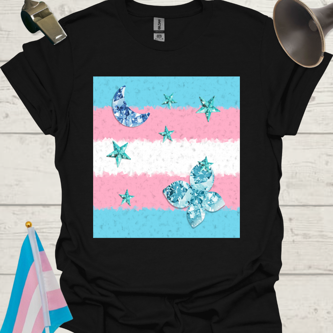 Transgender Pride T-Shirt, Cubism Blue Gem Moon, Stars, Butterfly Unisex Softstyle