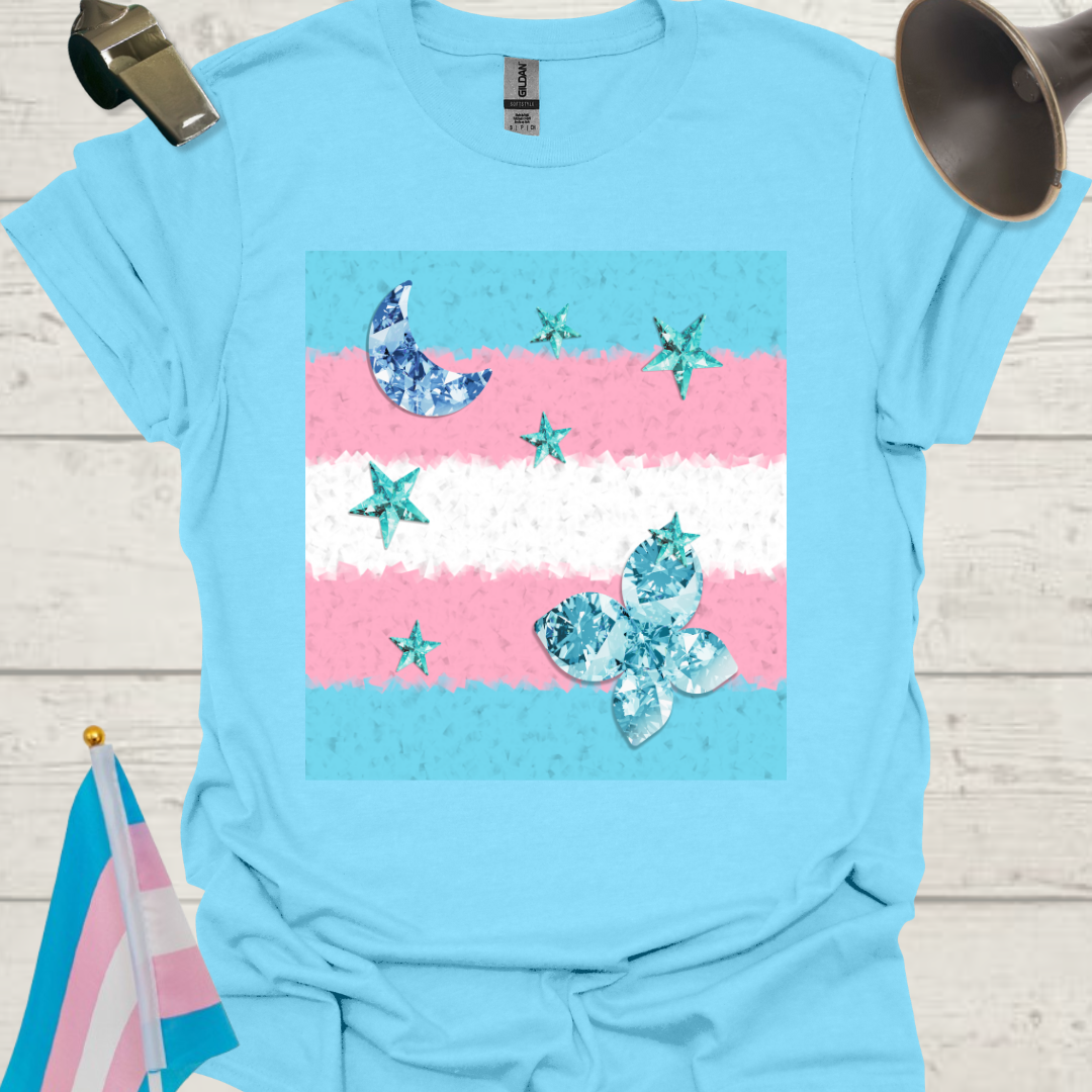 Transgender Pride T-Shirt, Cubism Blue Gem Moon, Stars, Butterfly Unisex Softstyle