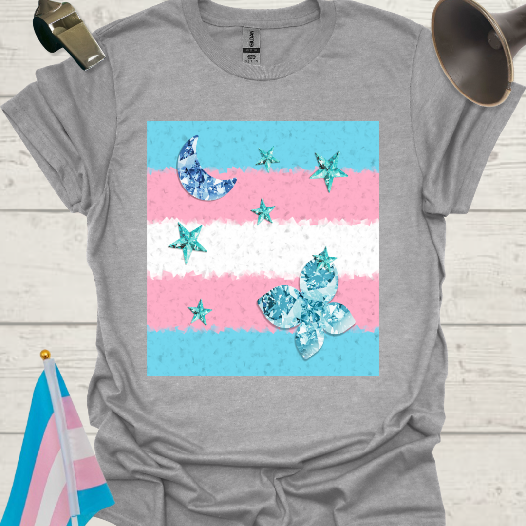 Transgender Pride T-Shirt, Cubism Blue Gem Moon, Stars, Butterfly Unisex Softstyle