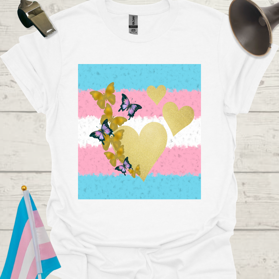 Transgender Pride T-Shirt, Cubism Gold Colored Hearts, Butterflies Unisex Softstyle