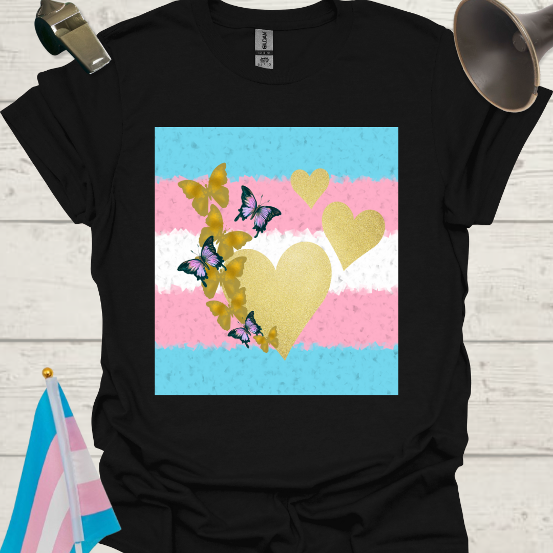 Transgender Pride T-Shirt, Cubism Gold Colored Hearts, Butterflies Unisex Softstyle