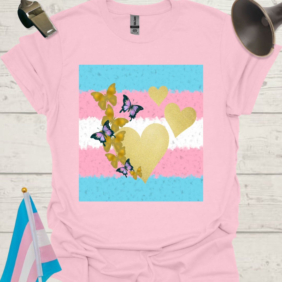 Transgender Pride T-Shirt, Cubism Gold Colored Hearts, Butterflies Unisex Softstyle