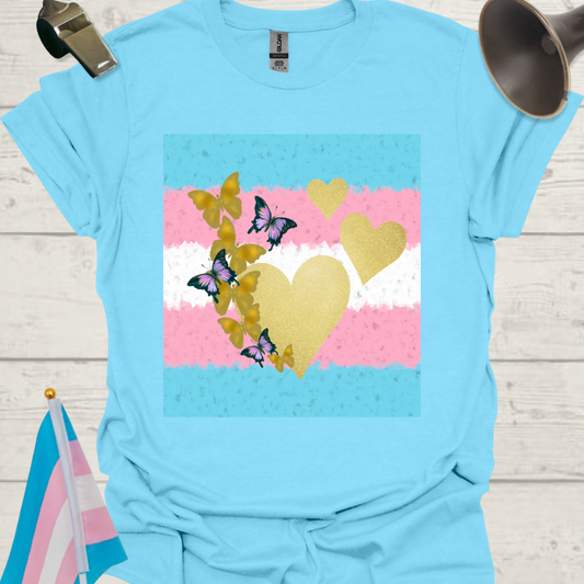 Transgender Pride T-Shirt, Cubism Gold Colored Hearts, Butterflies Unisex Softstyle