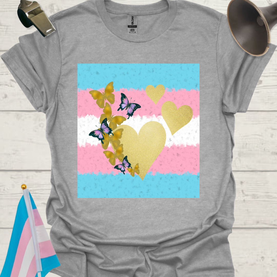 Transgender Pride T-Shirt, Cubism Gold Colored Hearts, Butterflies Unisex Softstyle