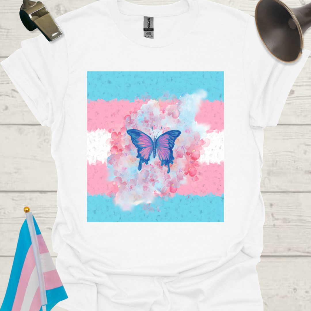 Transgender Pride T-Shirt, Cubism Butterfly, Cloud, Flowers Unisex Softstyle