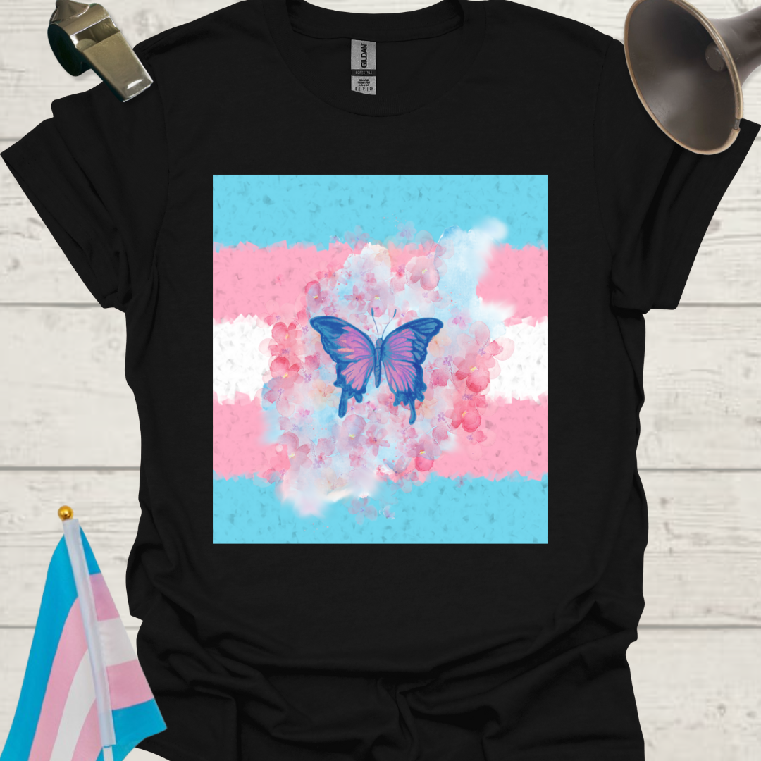 Transgender Pride T-Shirt, Cubism Butterfly, Cloud, Flowers Unisex Softstyle