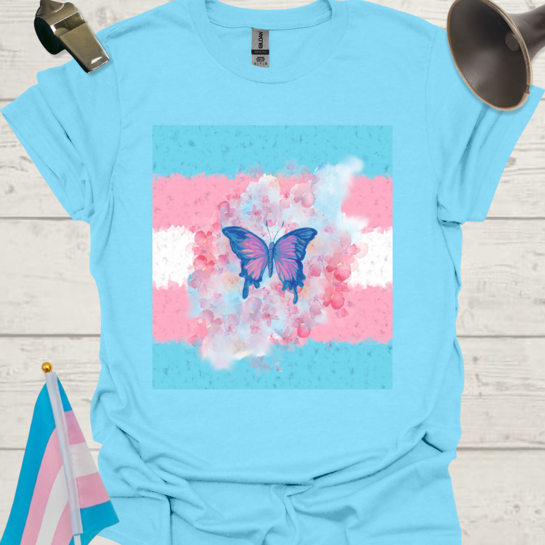 Transgender Pride T-Shirt, Cubism Butterfly, Cloud, Flowers Unisex Softstyle