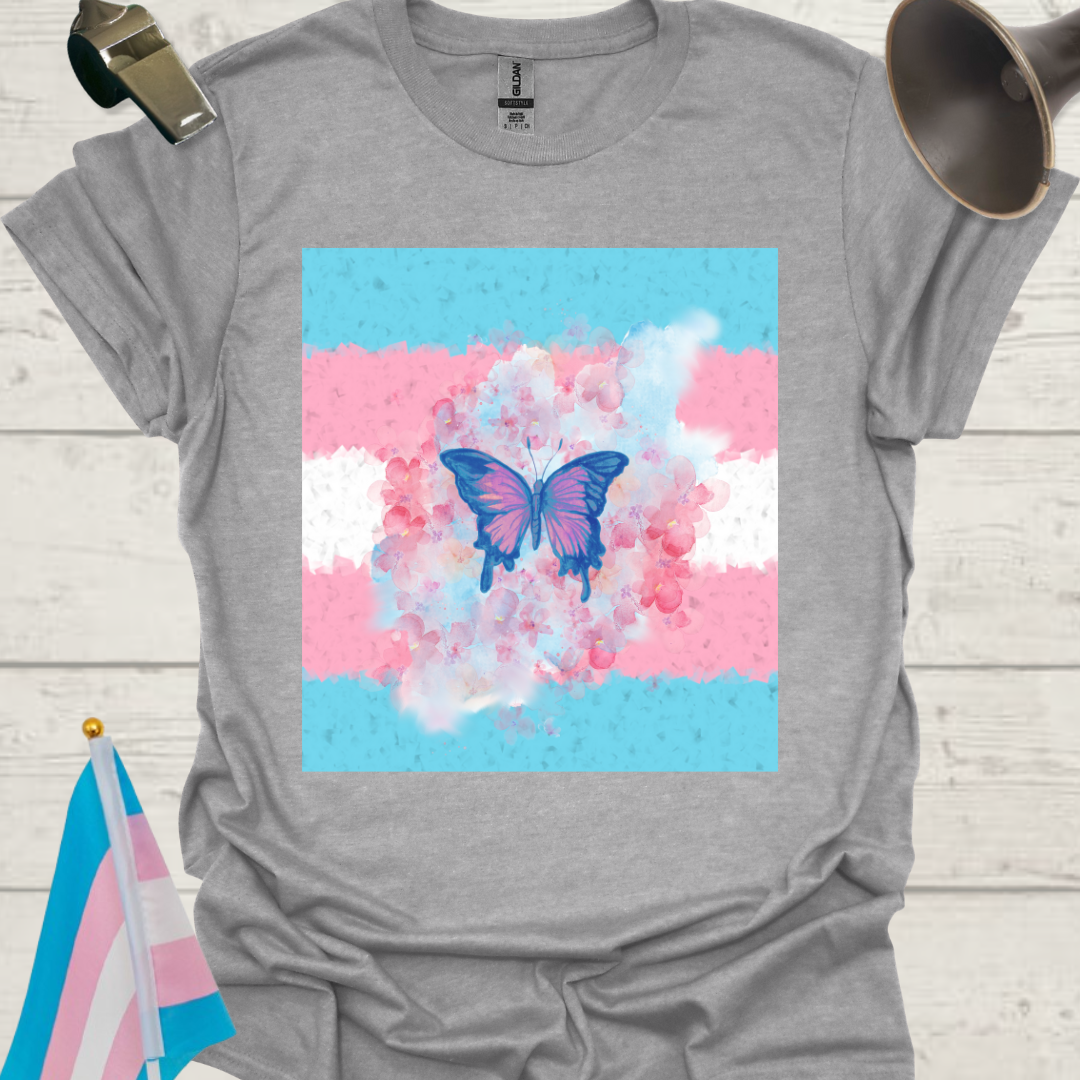 Transgender Pride T-Shirt, Cubism Butterfly, Cloud, Flowers Unisex Softstyle