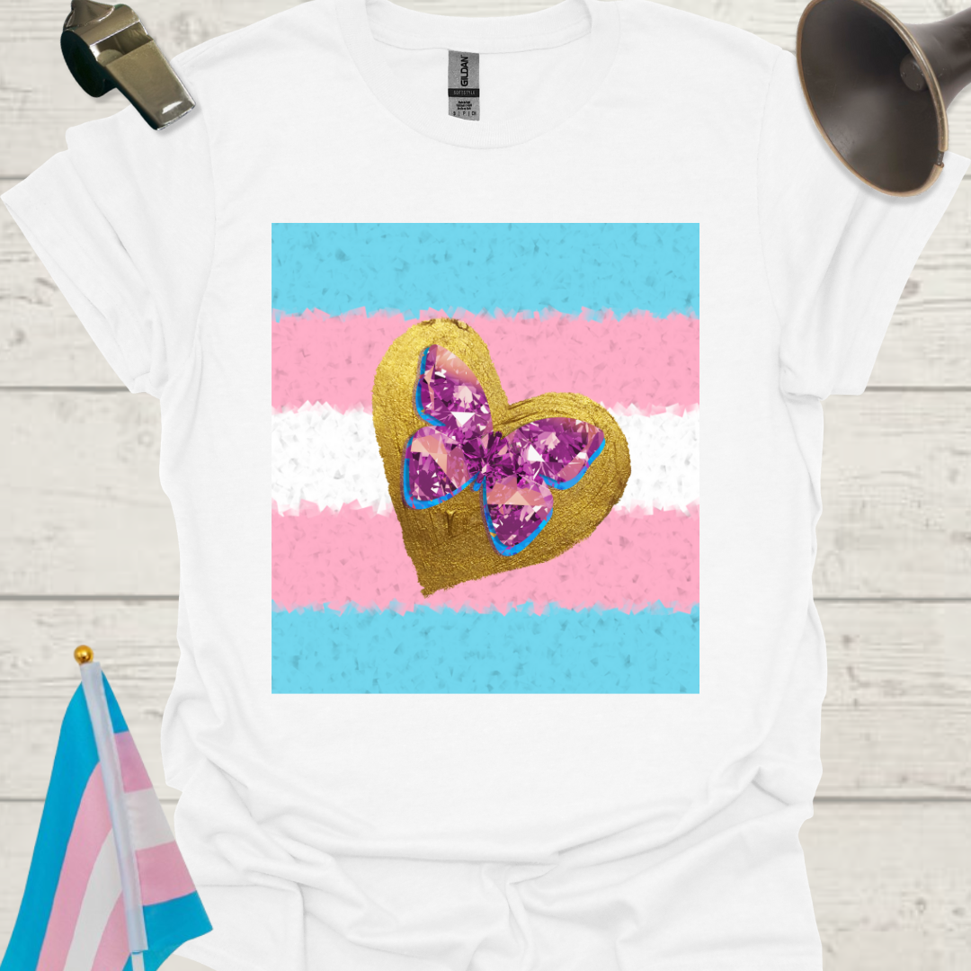 Transgender Pride T-Shirt, Cubism Golden Heart Gem Butterfly Unisex Softstyle