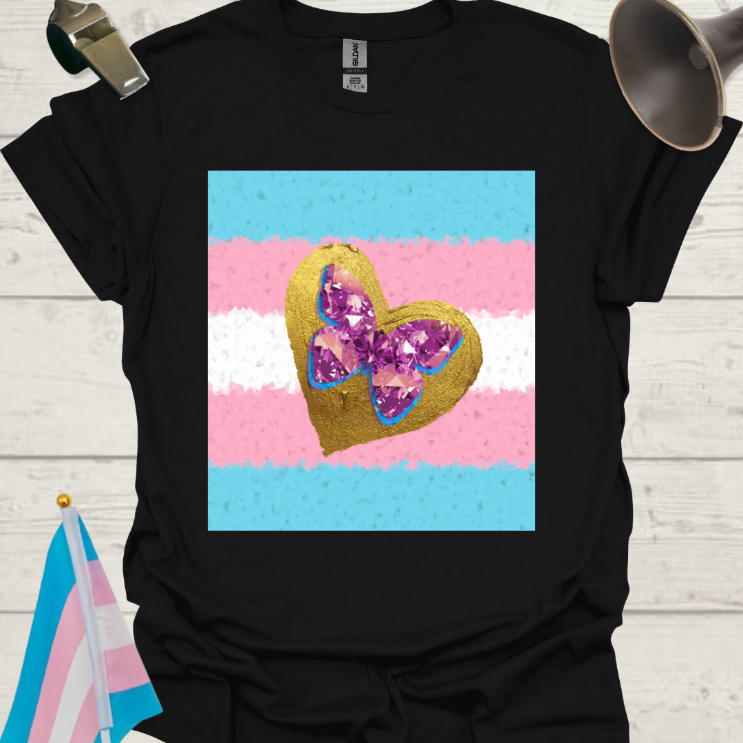 Transgender Pride T-Shirt, Cubism Golden Heart Gem Butterfly Unisex Softstyle